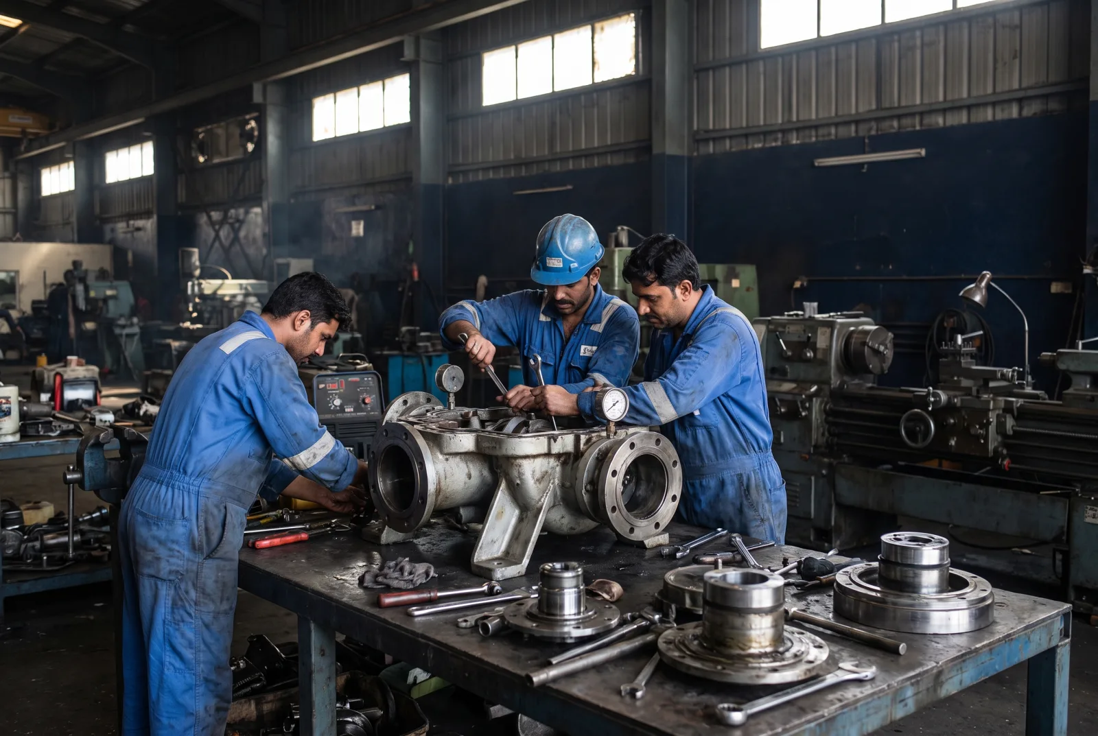 Two Best Anchor Marine Services technicians examining a dismantled marine pump on a workbench