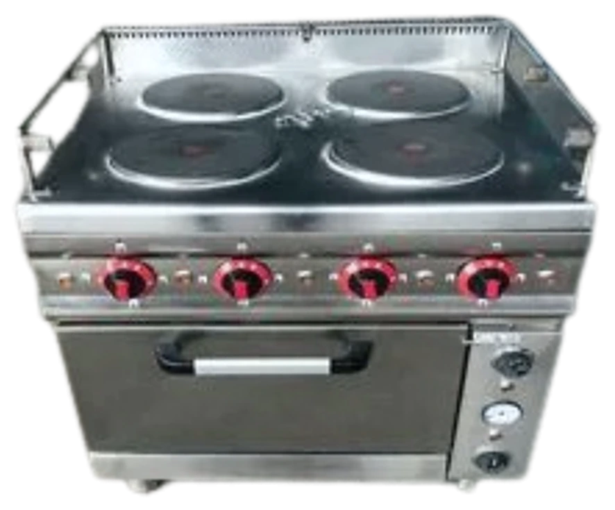 Stainless steel four plate electric cooking range with an oven below