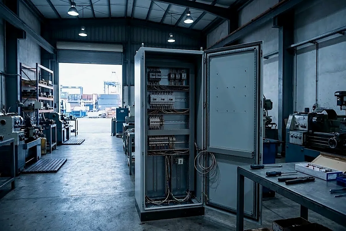 A floor-standing electrical control panel under assembly, its door open on breakers, contactors and wiring trunking