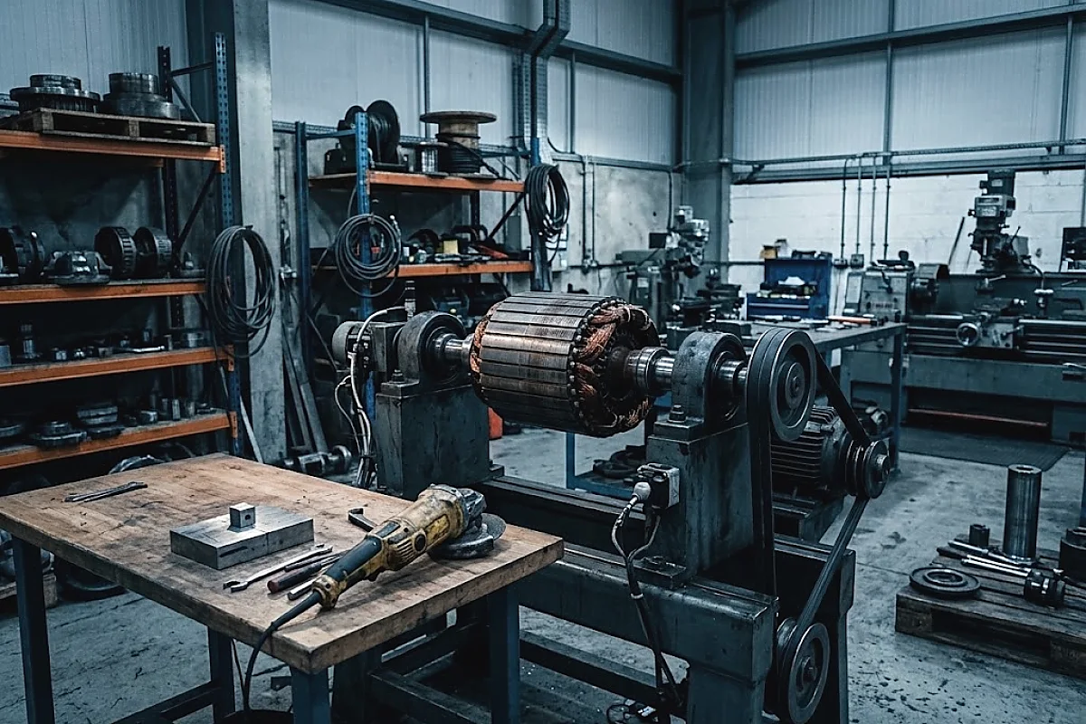An electric motor rotor mounted between the pedestals of a dynamic balancing machine, with a grinder and trial weights on the bench