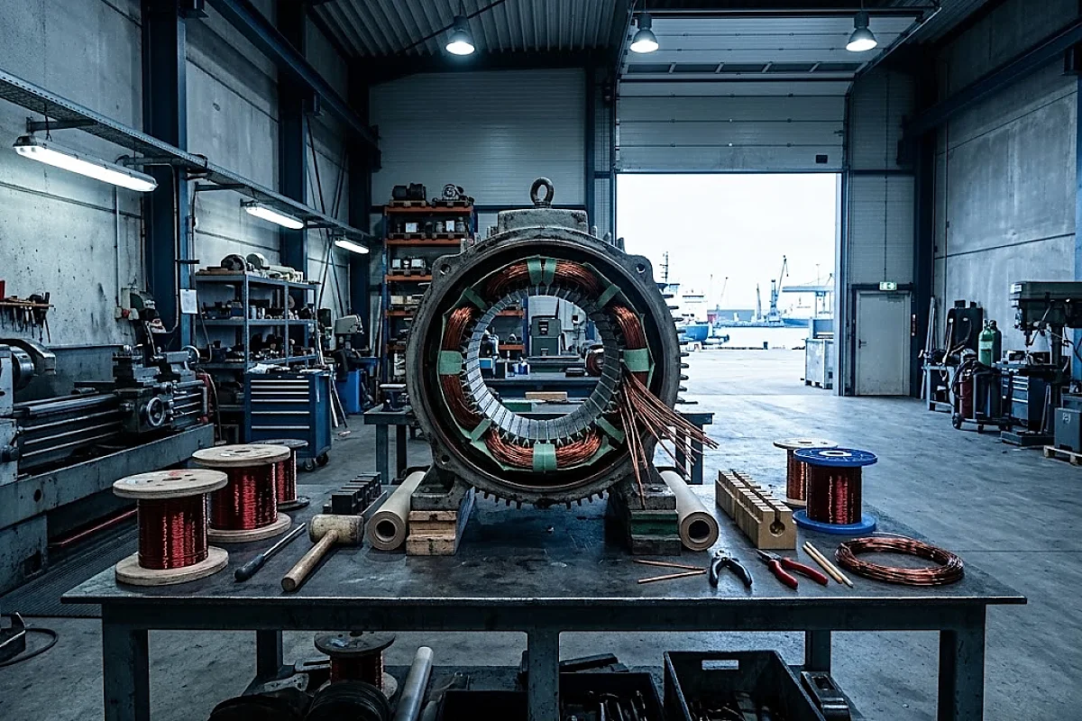 Electric motor stator with copper windings and slot insulation on a workshop bench, with spools of winding wire and a lathe behind