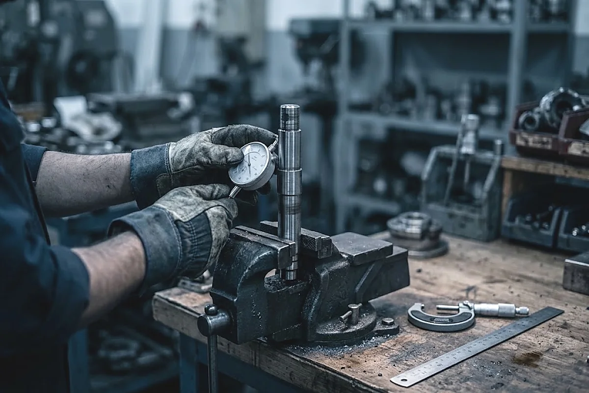 Hands in work gloves setting a dial gauge against a machined steel shaft held in a bench vice, with a micrometer and rule alongside