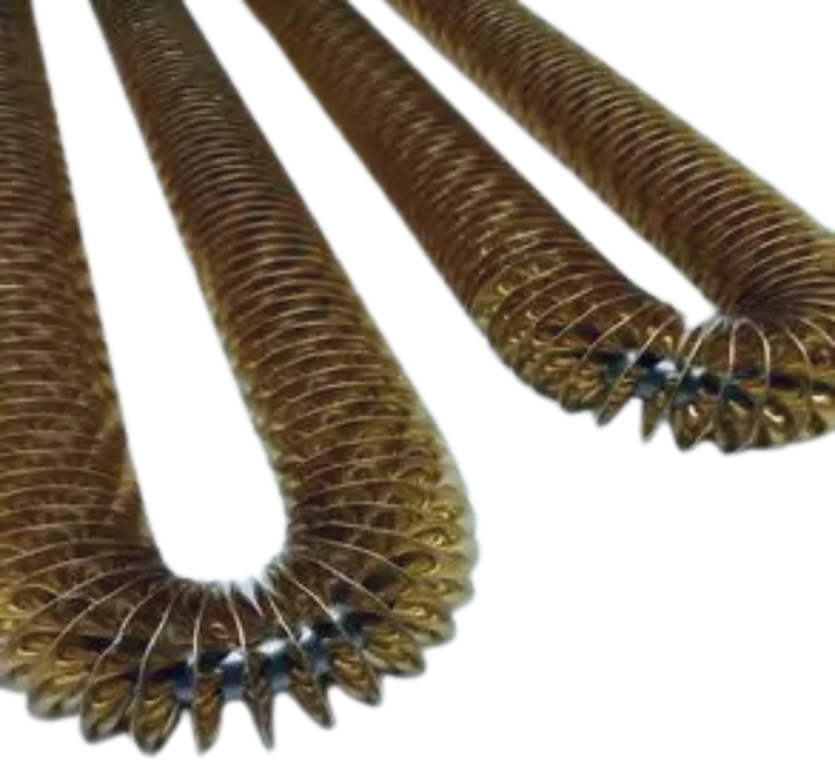 Finned tubular air heating elements with closely wound metal fins along the tube