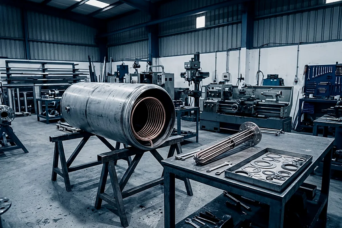 A stainless calorifier shell open on trestles beside a flanged immersion heater bundle and tubular elements laid out ready for fitting