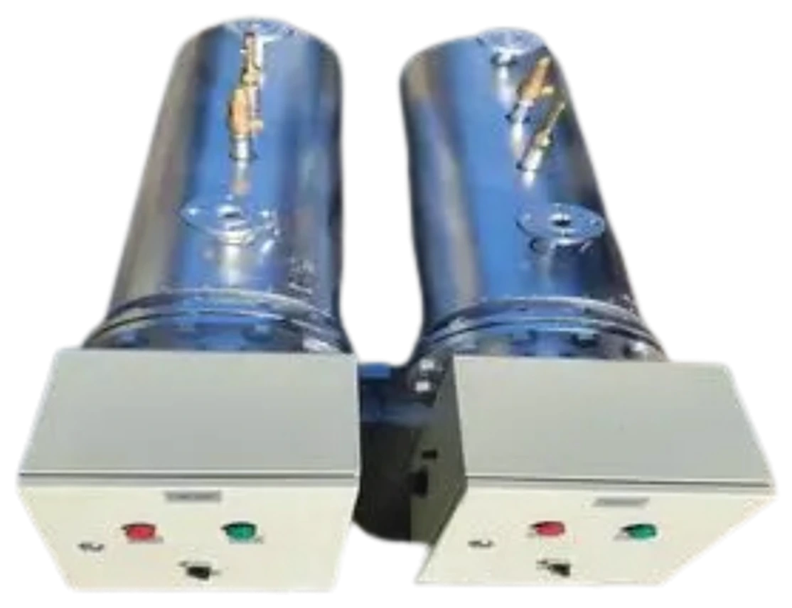 Two inline circulation heaters in stainless steel bodies with their own control panels