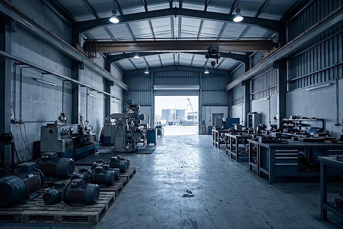 A marine and industrial engineering workshop floor: electric motors on pallets, machine tools beyond and an overhead gantry crane rail running the length of the bay