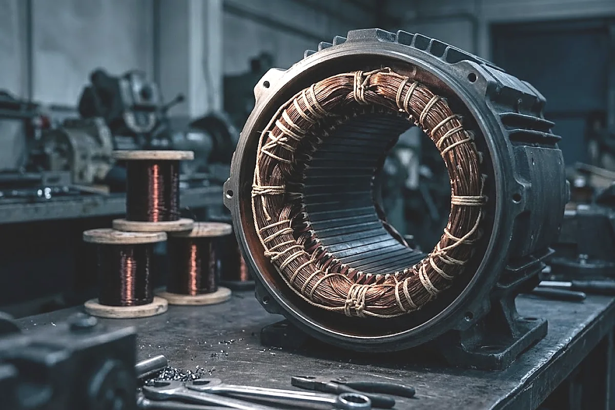 Close view into the bore of an electric motor stator, showing the laced copper coil ends, slot wedges and winding overhang