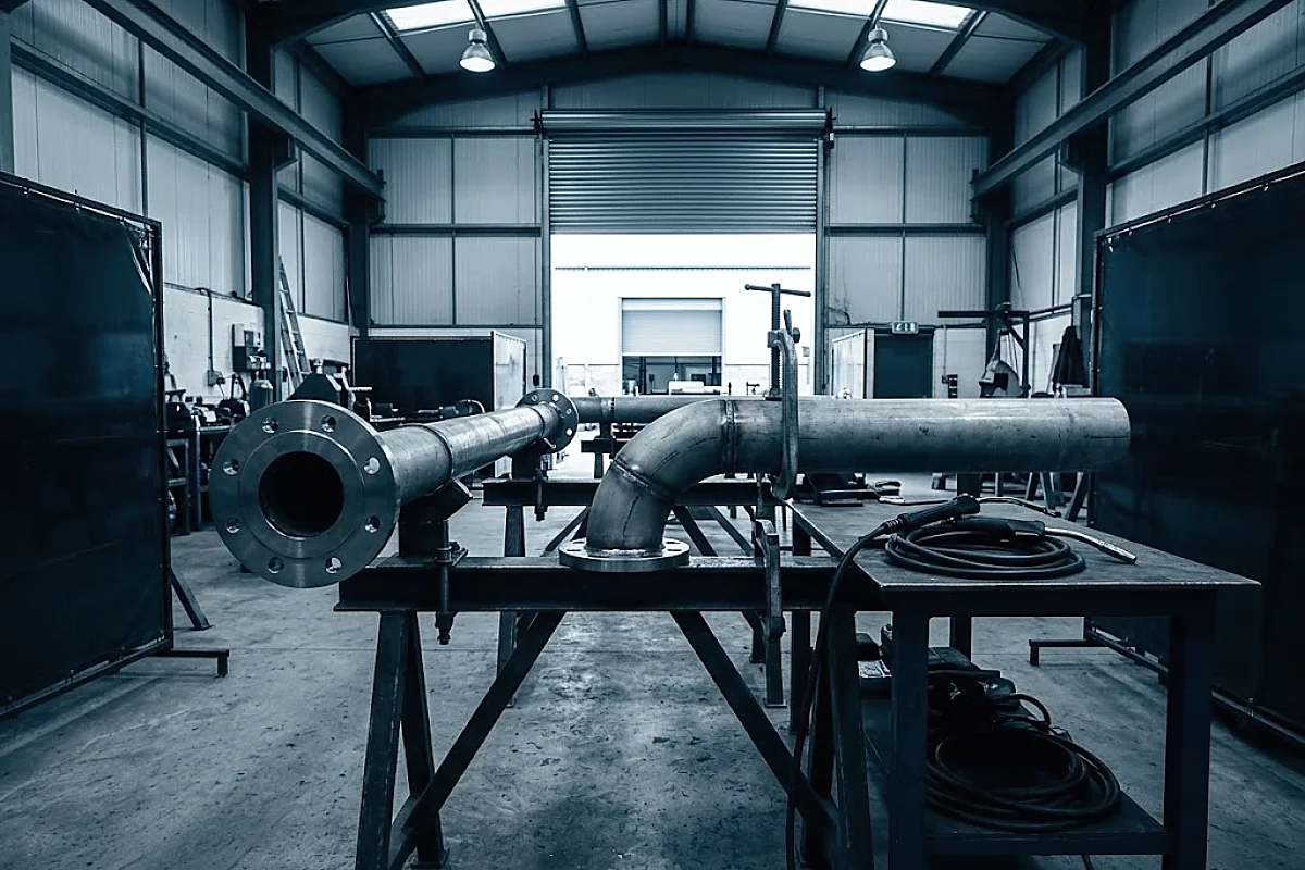 Flanged steel pipe spools set up on trestles for fitting, with a welding set and torch on the bench beside them