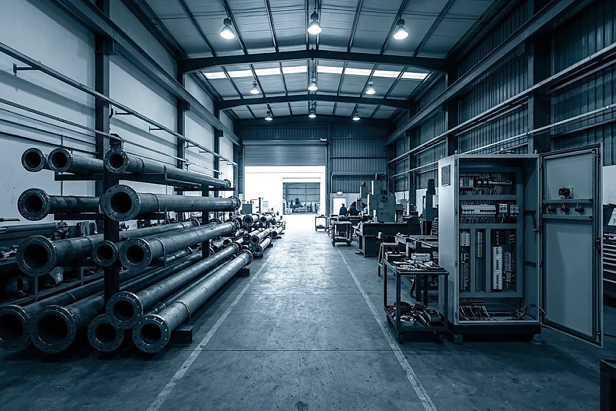 Completed steel pipe spools racked down one side of a workshop bay with a part-wired control panel standing open opposite