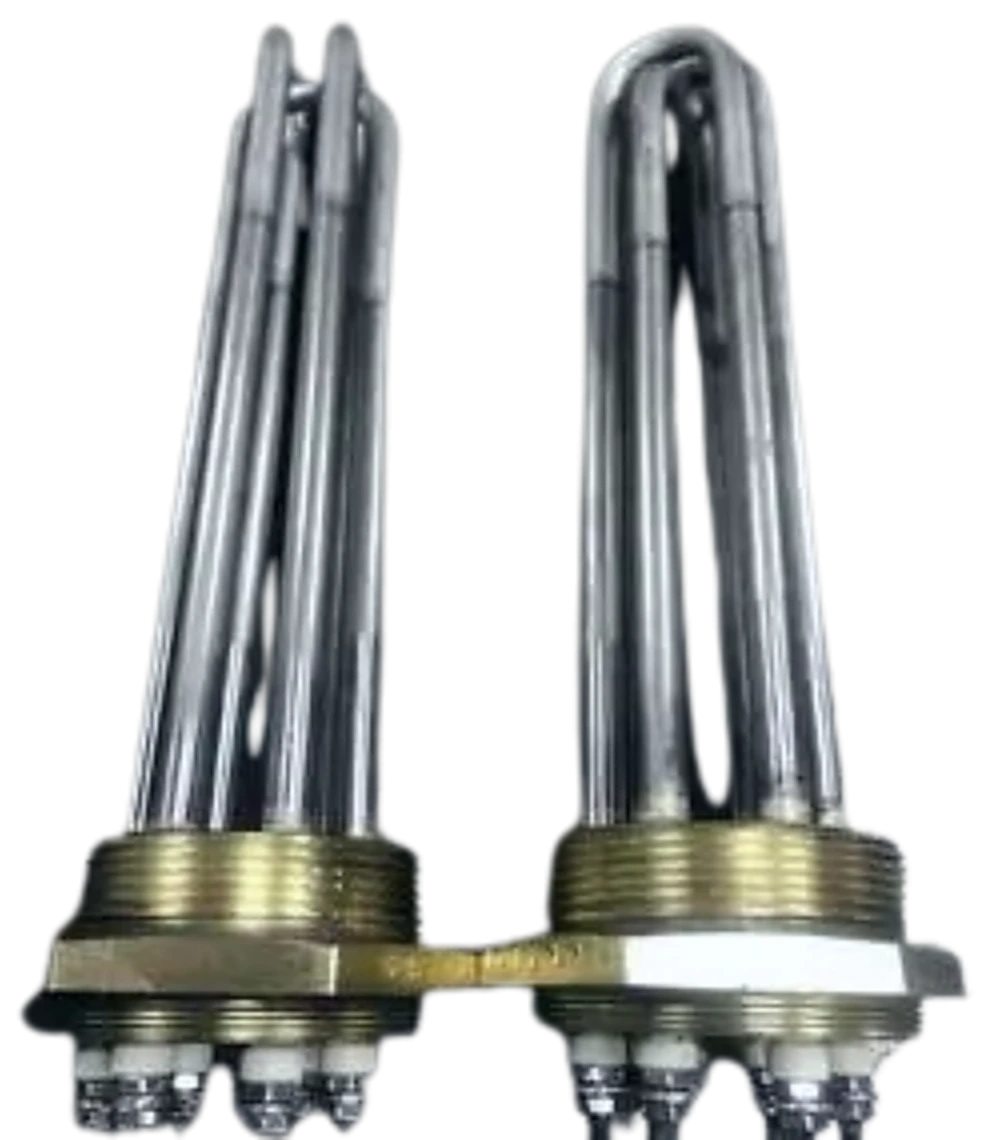 Two screw plug immersion heaters with brass threaded plugs and looped stainless steel elements