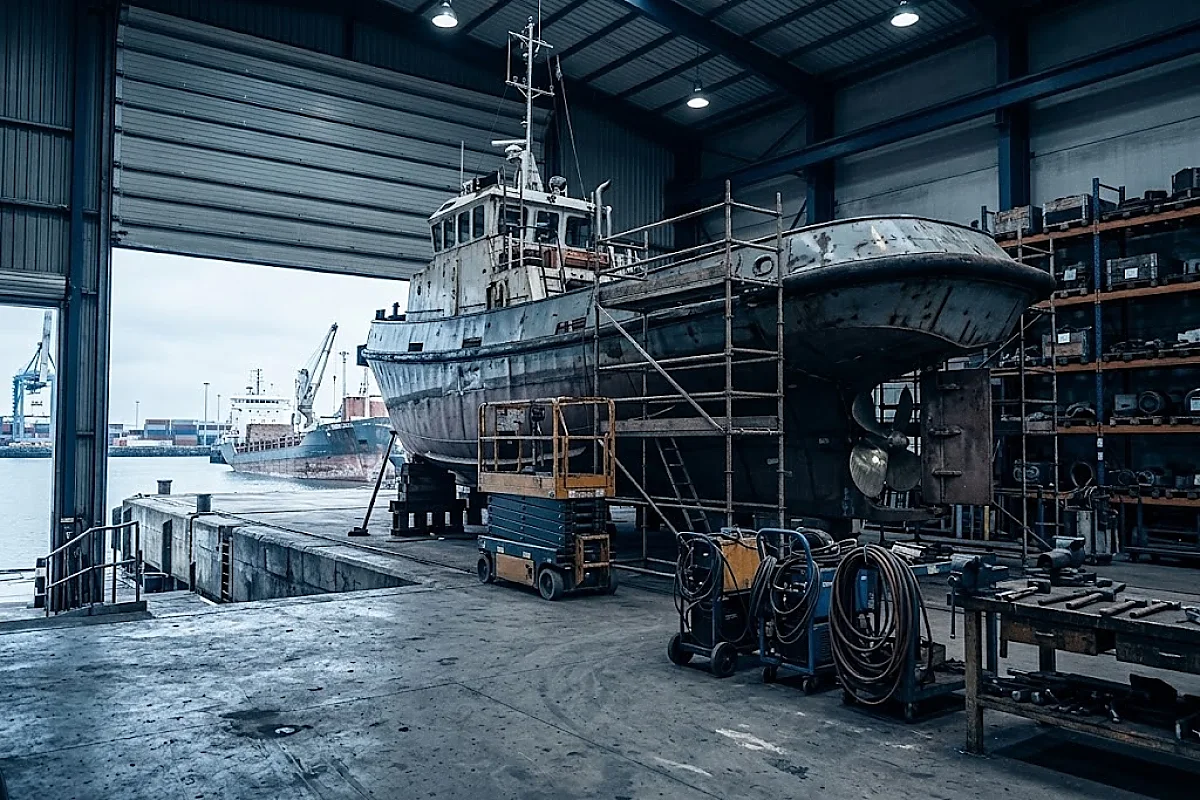A vessel supported on blocks under scaffolding with its propeller and rudder exposed, welding sets alongside and a harbour beyond the open door